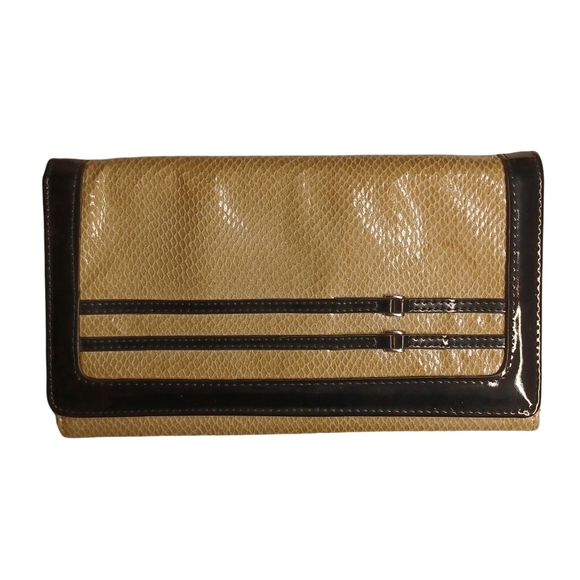 WHITE HOUSE BLACK MARKET Tan Reptile Print Black Patent Leather Tri Fold Wallet - Picture 1 of 7